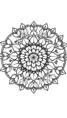 Zwart-wit mandala kleurplaat met gestileerde bloemblaadjes die vanuit het midden stralen.