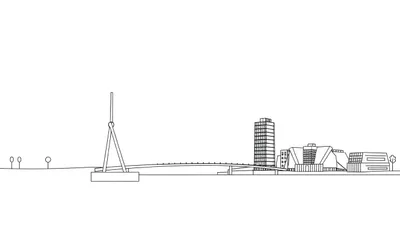 Minimalistische lijntekening van een stadsgezicht met een brug, wolkenkrabber, moderne gebouwen en bomen.