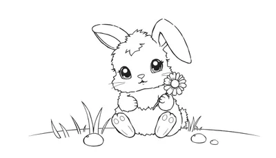 Kleurplaat van een schattig cartoonkonijntje dat rechtop zit en een bloem vasthoudt. Het konijntje heeft lange oren en grote ogen. Op de grond liggen gras en steentjes.