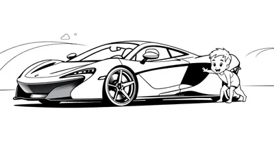 Zwart-wit lijntekening van een sportwagen met een kind dat lacht en de auto aanraakt, met een simpele achtergrond.