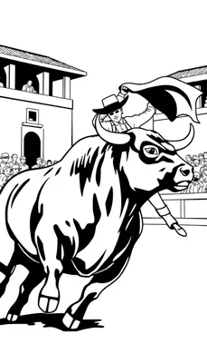 Kleurplaat van een stierengevecht scène met een rennende stier, een matador op zijn rug met een cape, en toeschouwers op de tribunes.