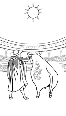 Kleurplaat van een stierengevecht met een torero en stier op de voorgrond, tribunes vol toeschouwers en een zon boven de arena.