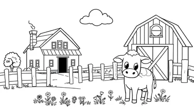 Zwart-wit kleurplaat van een boerderij met een huis, schuur, hek, gras, bloemen en een kalfje.