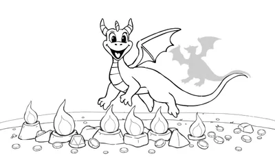 Zwart-wit lijntekening van een cartoon draak met een glimlach, omringd door muntjes, edelstenen en vlammen, met een schaduw van een draak op de achtergrond.