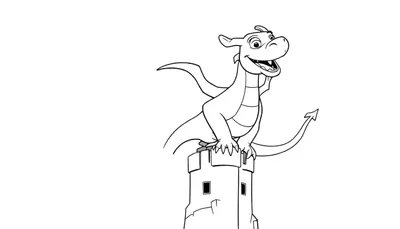 Kleurplaat van een vrolijke cartoon draak met kleine vleugels en pijlpuntstaart, zittend op een kasteeltoren met kantelen en ramen, op een witte achtergrond.