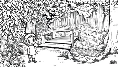 Kleurplaat van een lachende jongen in een bos met een houten brug over een beekje.
