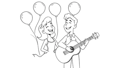 Zwart-witte lijntekening van een lachende man die gitaar speelt, naast een lachende vrouw. Vier ballonnen zweven boven hen. Kleurplaat.