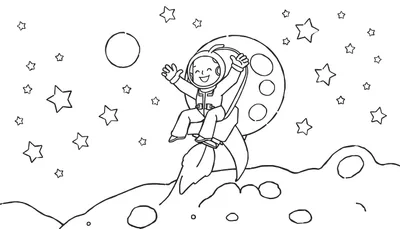 Zwart-wit kleurplaat van een lachend kind in astronautenpak dat zwaait vanuit een opstijgende raket, met een heuvelachtig planetenlandschap en sterren op de achtergrond.