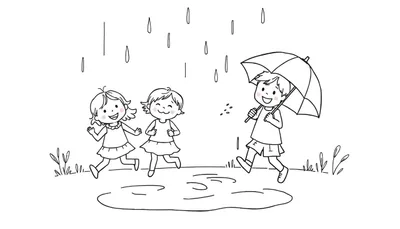Kleurplaat van drie lachende kinderen die buiten spelen in de regen, met regendruppels en plassen.