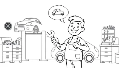 Zwart-wit lijntekening van een vrolijke automonteur met een moersleutel en een gedachtewolkje met een auto, omringd door gereedschap en werkplaatsapparatuur.