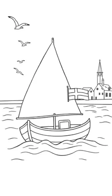 Kleurplaat: Zeilboot met een Scandinavische vlag, vier vliegende meeuwen, golvend water en een dorpje met een kerk op de achtergrond.