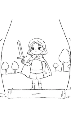 Zwart-wit tekening van een meisje in een cape met een zwaard, staand op een podium in een bos. Het meisje lijkt te acteren, met een dramatische pose.
