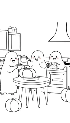 Kleurplaat van drie schattige spoken die in een keuken taart bakken voor Halloween, met pompoenen en kookgerei.
