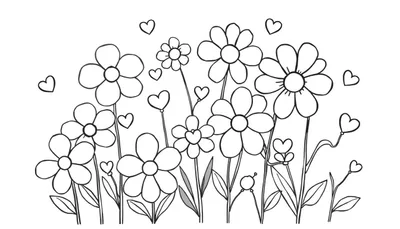 Zwart-wit kleurplaat van vrolijke bloemen en hartjes, met verschillende bloemvormen en zwevende hartjes.
