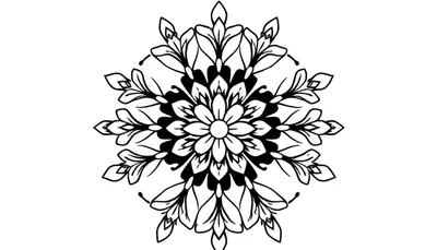 Zwart-wit line-art kleurplaat van een gedetailleerde bloemenmandala met symmetrische bloem- en bladvormige elementen.
