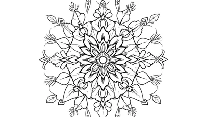Zwart-wit kleurplaat van een gedetailleerde mandala met symmetrische bloem- en bladvormige patronen.