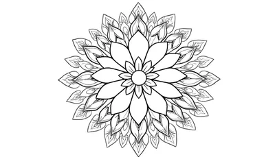 Zwart-wit mandala kleurplaat in de vorm van een bloem met symmetrische lagen bloemblaadjes en fijne textuurdetails.