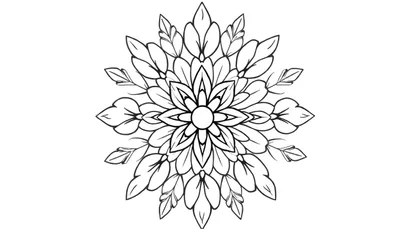 Zwart-wit mandala kleurplaat in de vorm van een bloem met symmetrische bladvormige patronen.