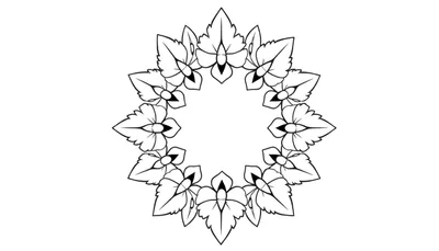 Zwart-wit kleurplaat van een symmetrisch bloemenmandala patroon met bladeren en bloemen.