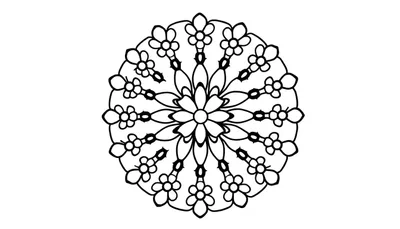 Zwart-witte tekening van een mandala met bloemen