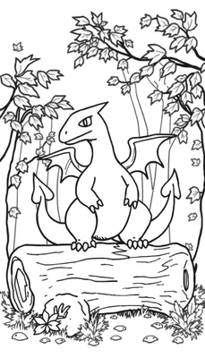 Kleurplaat van een Charizard die op een boomstronk zit in een herfstig bos, met bomen, bladeren, stenen en gras.