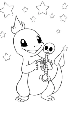 Charmander die een skeletje vasthoudt, omringd door sterren. Kleurplaat.