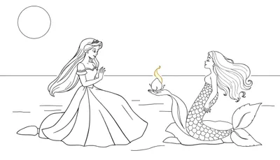 Kleurplaat toont een prinses met een tiara, een zeemeermin met visstaart, en een waterlandschap.