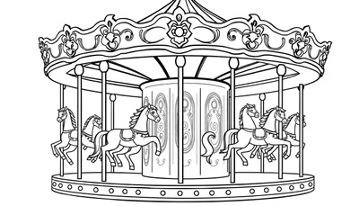 Kleurplaat van een kermis draaimolen met paarden, decoraties en patronen.