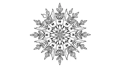 Zwart-wit lijntekening van een gedetailleerde, gestileerde sneeuwvlok in mandala-vorm met bladvormige vertakkingen.