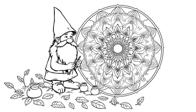 Kleurplaat van een gnome die een complexe mandala tekent in een tuinomgeving, met verfpotjes en blaadjes.