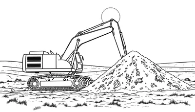 Kleurplaat van een gele Volvo graafmachine die graaft in een hoop aarde, met gras op de voorgrond en een zonnetje in de lucht.