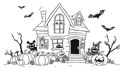 Kleurplaat van een scheefstaand, oud huis met pompoenen, vriendelijke monsters en vleermuizen, ideaal voor Halloween.
