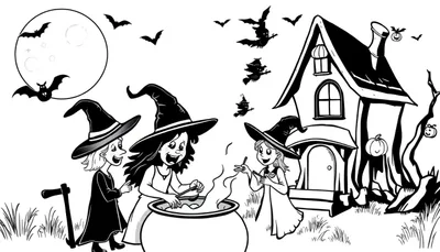 Zwart-wit kleurplaat van Halloween met drie heksen bij een grote ketel, een spookhuis, vleermuizen, een volle maan en pompoenen.
