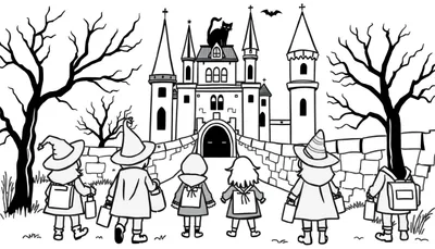 Zwart-wit kleurplaat van een Halloween kasteel met kinderen, een zwarte kat, vleermuizen en spookachtige bomen.