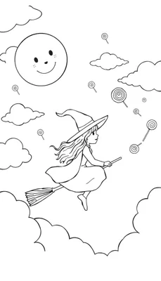 Zwart-wit tekening van een lachende heks op een bezem die vliegt door een hemel met wolken, lolly's en een smiley maan, klaar om ingekleurd te worden.