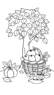 Kleurplaat van een herfsttafereel met een boom, fruitmand, rupsje en bladeren.