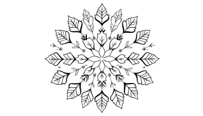 Zwart-wit tekening van een herfstmandala met bladvormige patronen en fijne details.