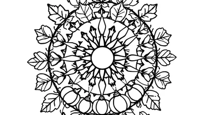 Zwart-wit mandala kleurplaat met een centrale cirkel met stralen, omringd door bladeren en pompoenen in een herfstpatroon.
