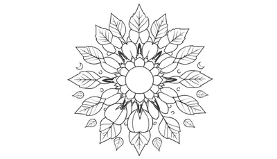 Zwart-wit kleurplaat van een herfst mandala met bladeren, bloemblaadjes, een centrale cirkel en kleine maantjes.
