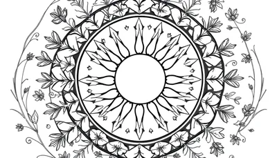 Zwart-wit mandala kleurplaat met bloemen, bladeren en een centraal rondje.