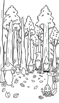Kleurplaat: Zwart-wit illustratie van een herfstbos met bomen, paddenstoelen, bladeren op de grond en vier kabouters op de voorgrond.