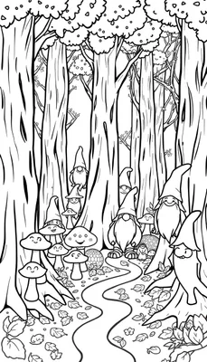 Kleurplaat van een bos in de herfst met bomen, paddenstoelen met gezichten, kabouters met puntmutsen, een pad met herfstblaadjes en decoratieve bolletjes in het gras.