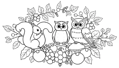 Kleurplaat herfstmandala met eekhoorn, uilen, bladeren, bessen, druiven en appels.