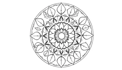 Zwart-witte line-art mandala met herfstthema, centraal een bloemachtig figuur, omringd door cirkels met bladeren en geometrische patronen.
