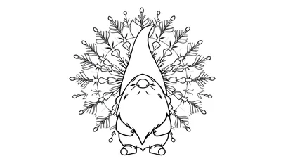 Kleurplaat van een mandala met een kabouter in het midden, omringd door bladeren en takken.