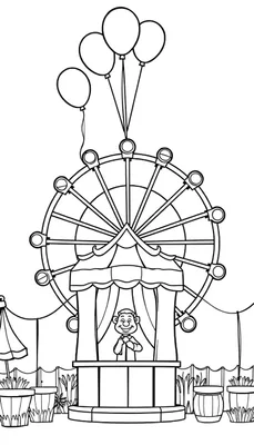 Kleurplaat van een kermis met een reuzenrad, ballonnen, een kraampje en plantenbakken.