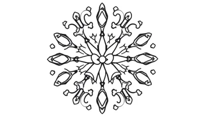 Kleurplaat van een complexe, gestileerde sneeuwvlok mandala met zes symmetrische armen, bloemachtige patronen, linten, puntige bladeren, ovale en ruitvormige figuren, en art nouveau-krullen.