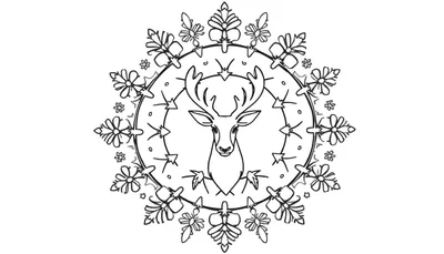 Kleurplaat van een kerstmandala met een hert, gestileerde sneeuwvlok-achtige bloemen en bladeren.