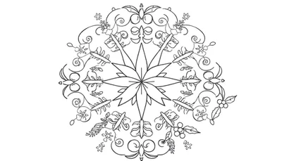 Zwart-witte mandala kleurplaat met kerstthema, met een bloem in het midden, bessen en kleine diertjes.