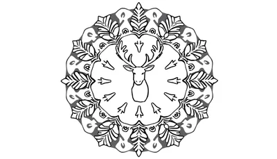 Kleurplaat van een symmetrische kerstmandala met een hert met geweien als centraal element, omringd door bladeren en ornamenten.